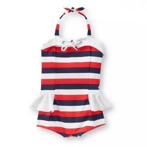 Janie and Jack Striped Swimsuit 6-12 M Riviera Resort Red White Blue Retro Halte